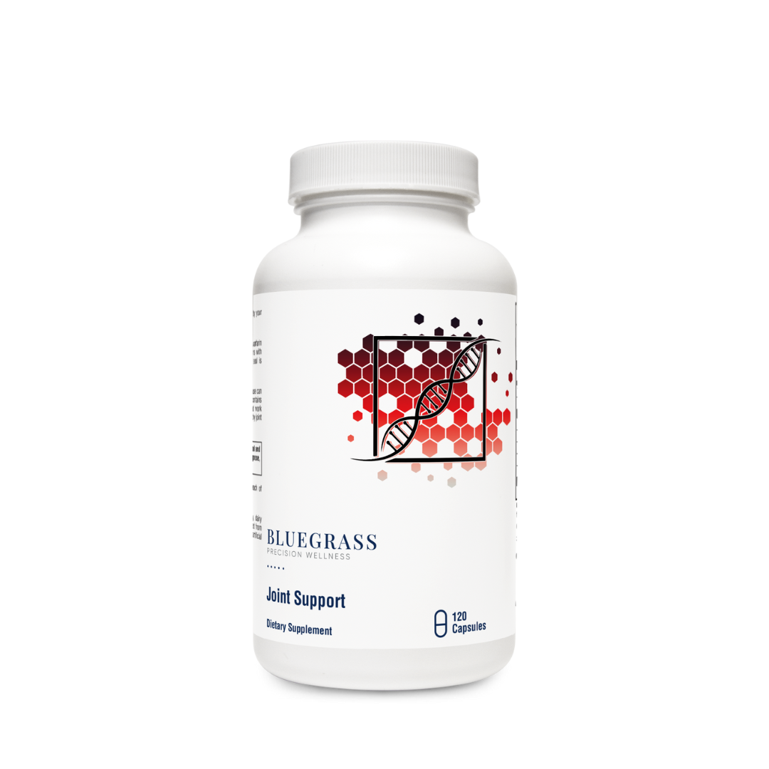 Supplement bottle labeled 'Bluegrass' for joint support on a white background. 