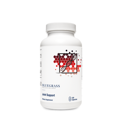 Supplement bottle labeled 'Bluegrass' for joint support on a white background. 