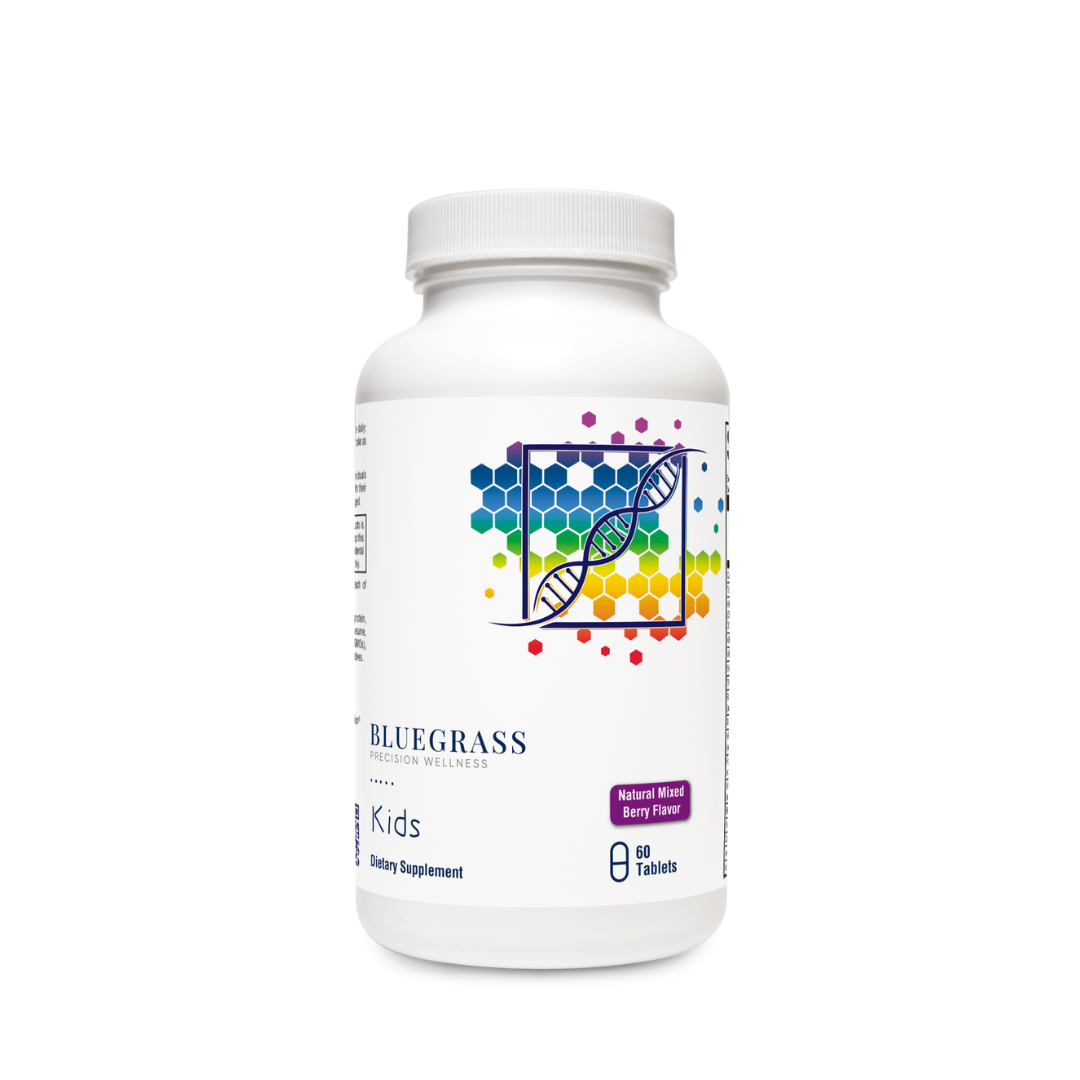 Supplement bottle labeled 'Bluegrass Kids' on a white background. 