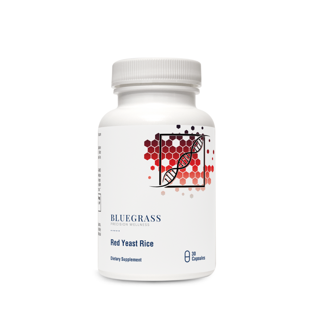 Supplement bottle labeled 'Bluegrass Red Yeast Rice' on a white background. 