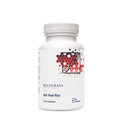 Supplement bottle labeled 'Bluegrass Red Yeast Rice' on a white background. 