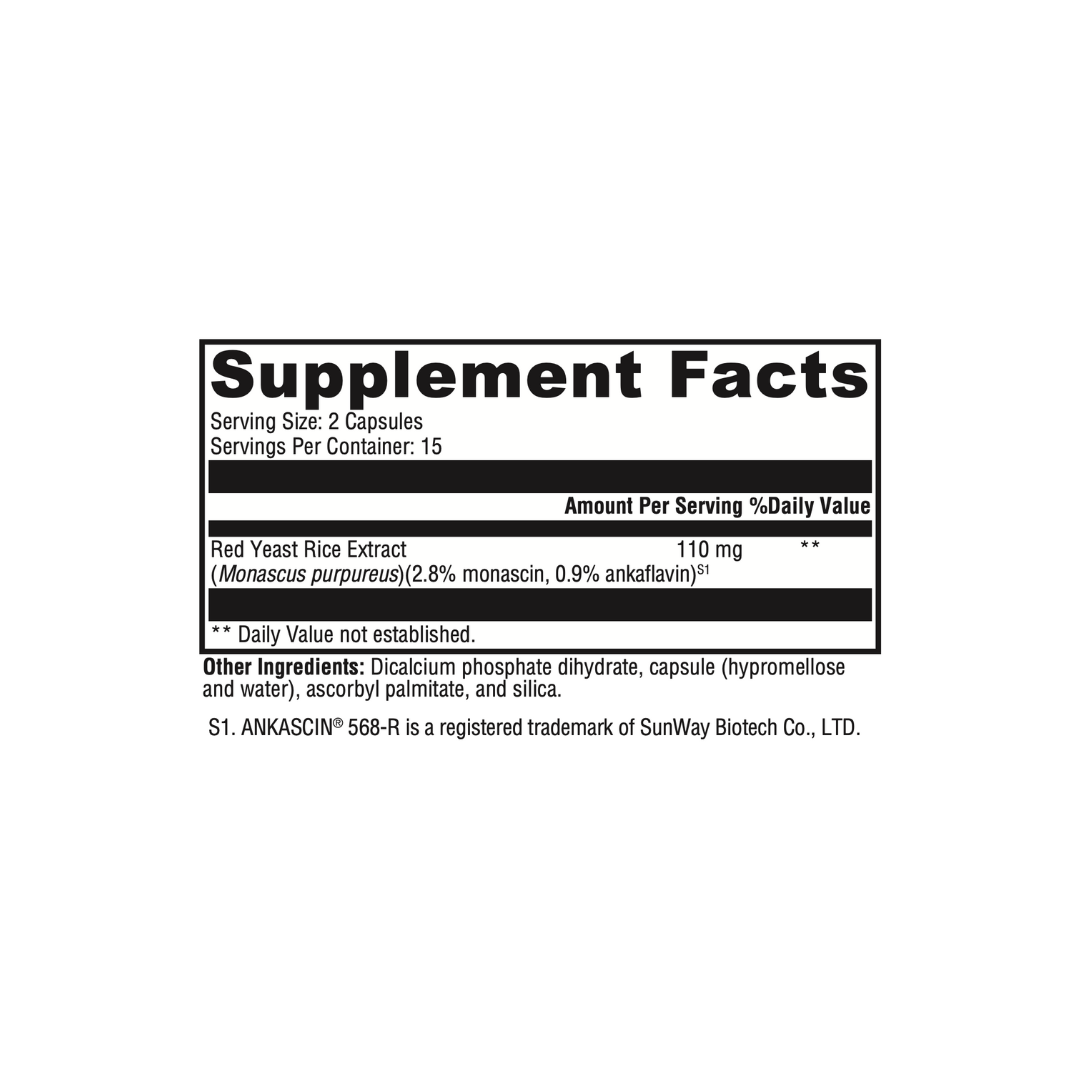 Supplement facts label for Red Yeast Rice Extract on a white background. 