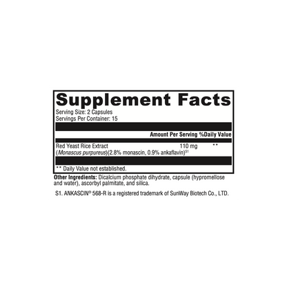 Supplement facts label for Red Yeast Rice Extract on a white background. 