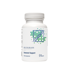 Supplement bottle labeled 'Bluegrass Seasonal Support' on a white background.