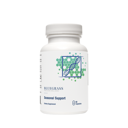 Supplement bottle labeled 'Bluegrass Seasonal Support' on a white background.