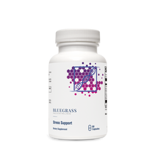 Supplement bottle labeled 'Bluegrass' for stress support on a white background.