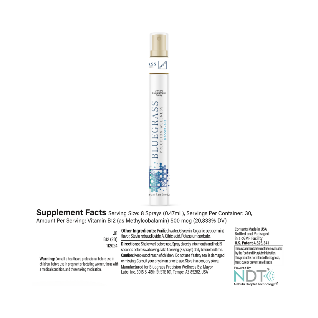 Bluegrass supplement bottle with label on a white background.