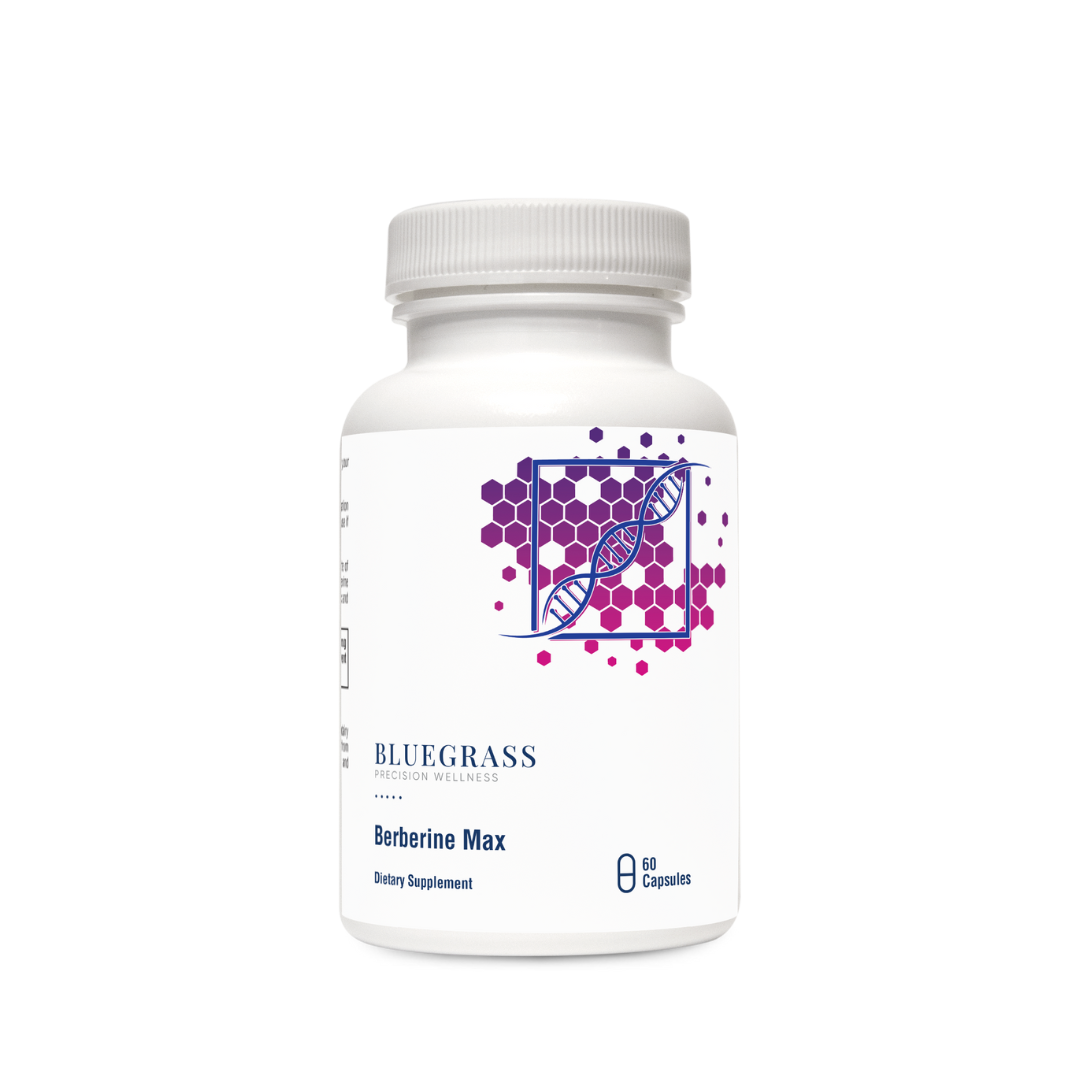 A bottle of Bluegrass Berberine Max dietary supplement with 60 capsules, predominantly white label with purple and blue accents and scientific illustrations. 