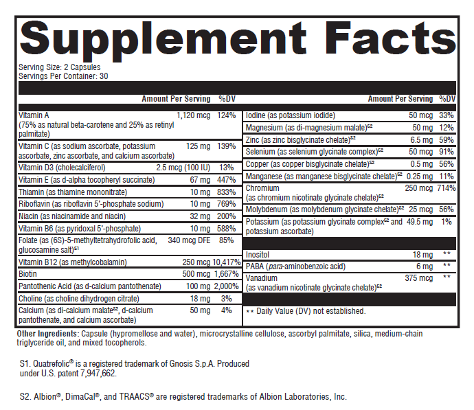 Supplement facts label with detailed nutritional information on a white background.