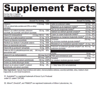 Supplement facts label with detailed nutritional information on a white background.