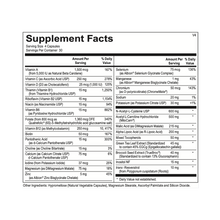Supplement facts label with detailed nutritional information on a white background.