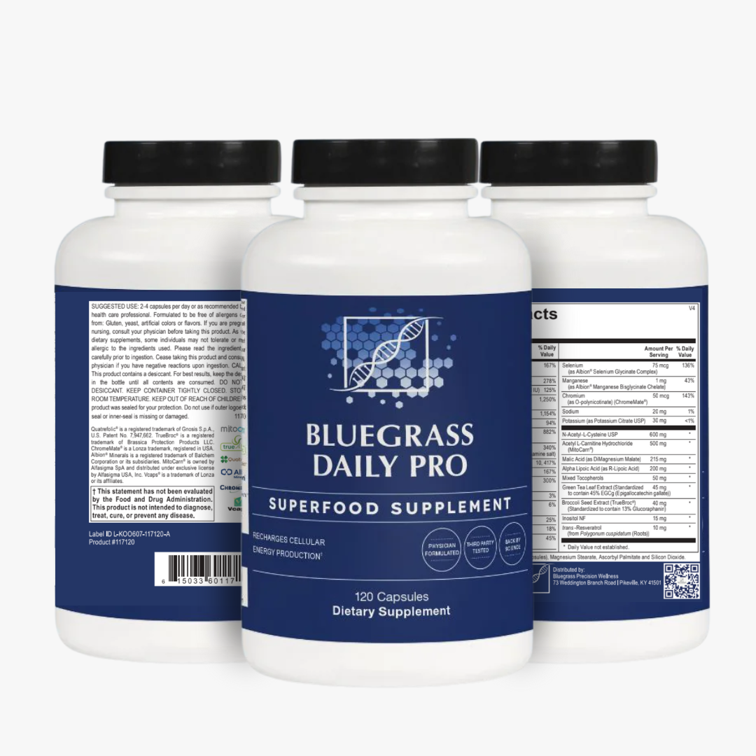 Three bottles of Bluegrass Daily Pro superfood supplement on a white background. 