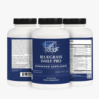 Three bottles of Bluegrass Daily Pro superfood supplement on a white background. 