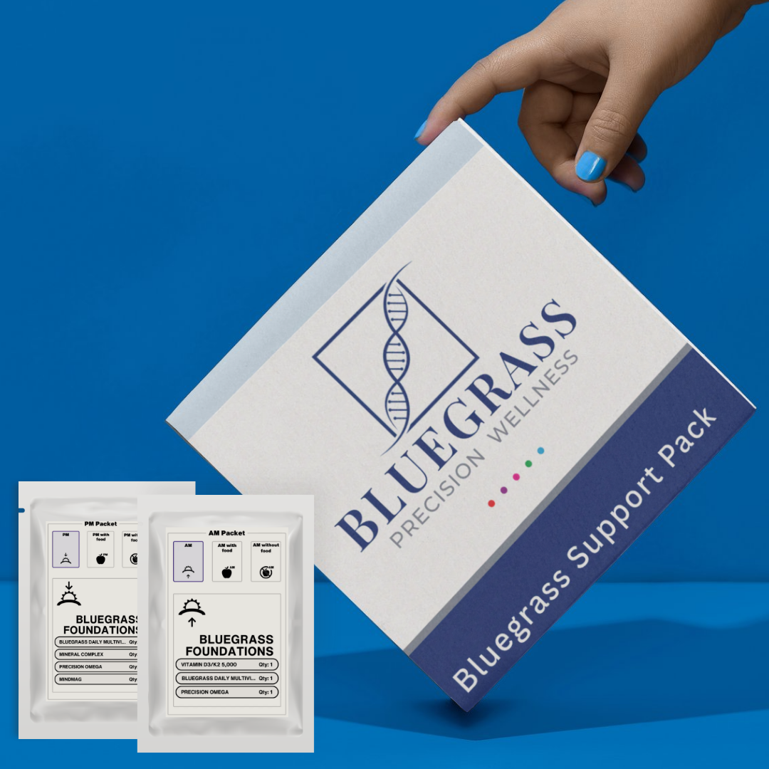 Bluegrass Precision Wellness product packaging on a blue background.