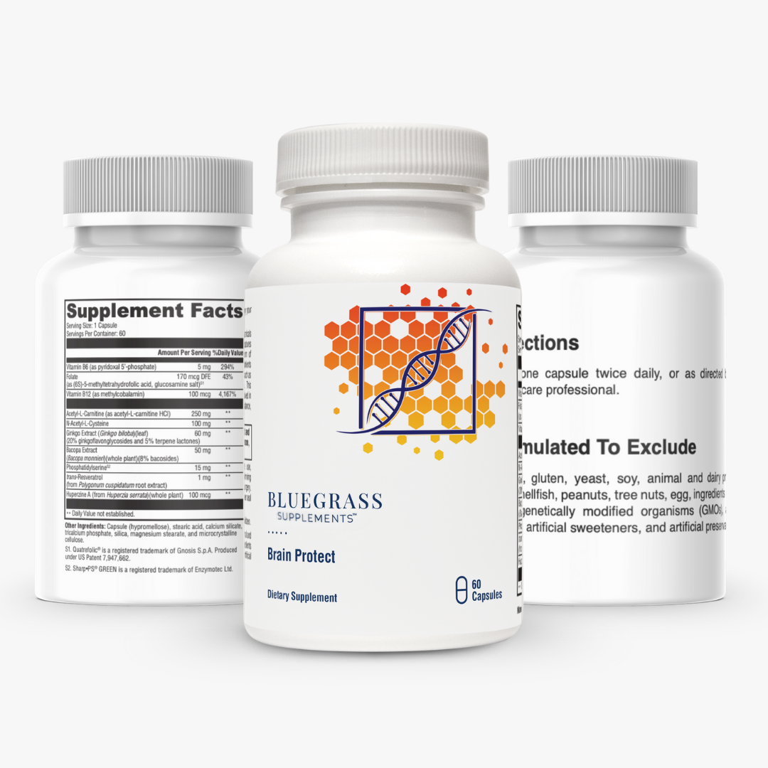 Three supplement bottles with labels on a white background. 