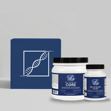 Two supplement jars with blue labels and a navy box featuring a DNA symbol on a gray background.