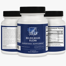 Three bottles of Bluegrass Flow superfood supplement on a white background.