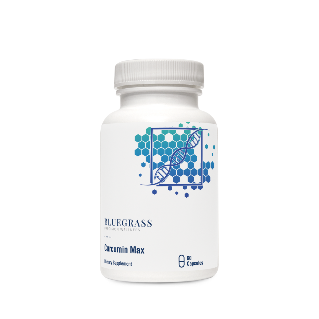 A bottle of Bluegrass Curcumin Max 60 capsules with a white label and blue geometric pattern.