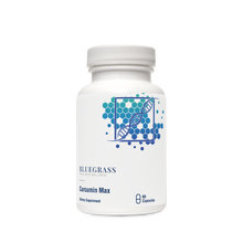 A bottle of Bluegrass Curcumin Max 60 capsules with a white label and blue geometric pattern.