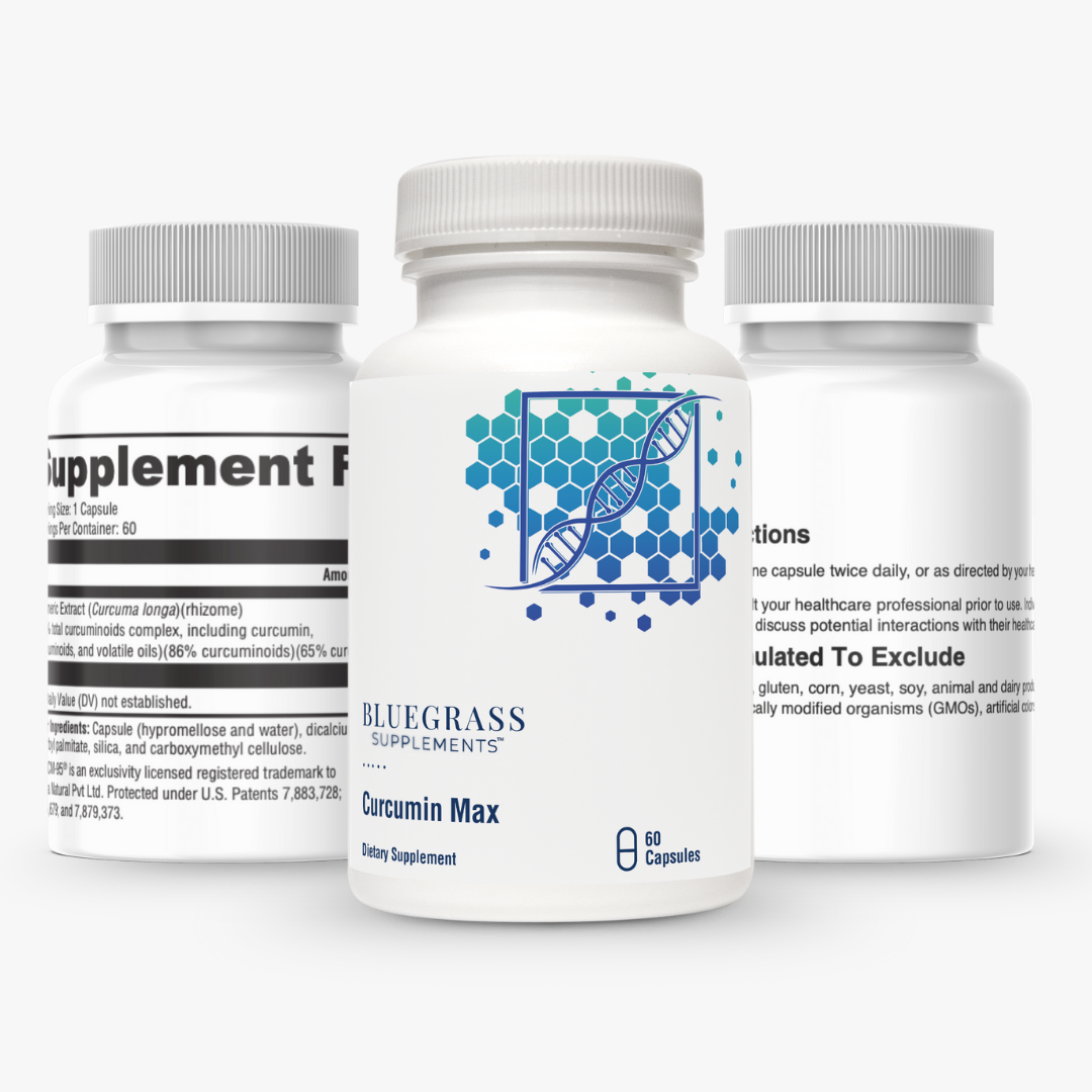 Three supplement bottles from Bluegrass Supplements on a white background. 