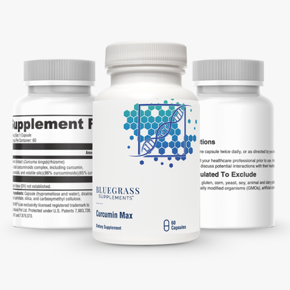 Three supplement bottles from Bluegrass Supplements on a white background. 