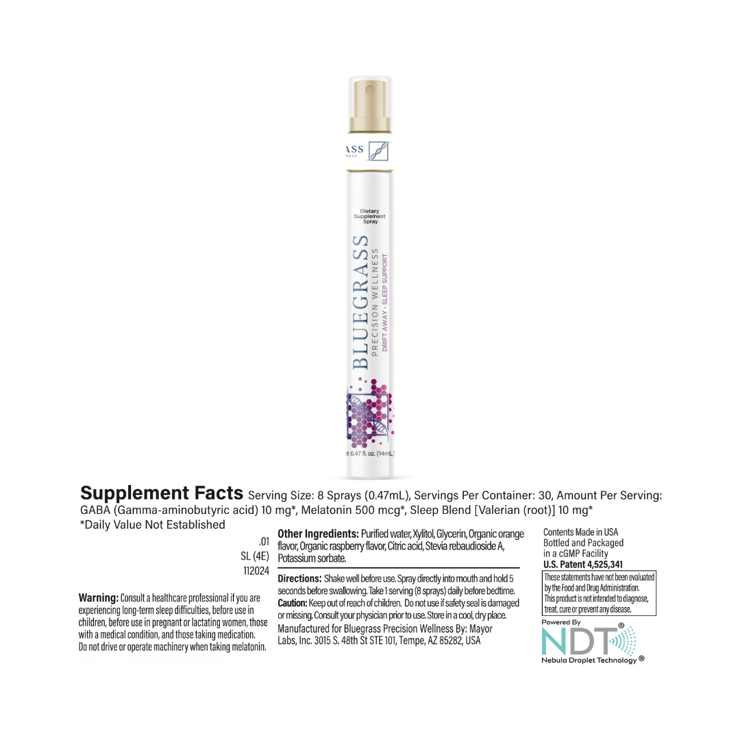 Bluegrass supplement bottle with label on a white background.