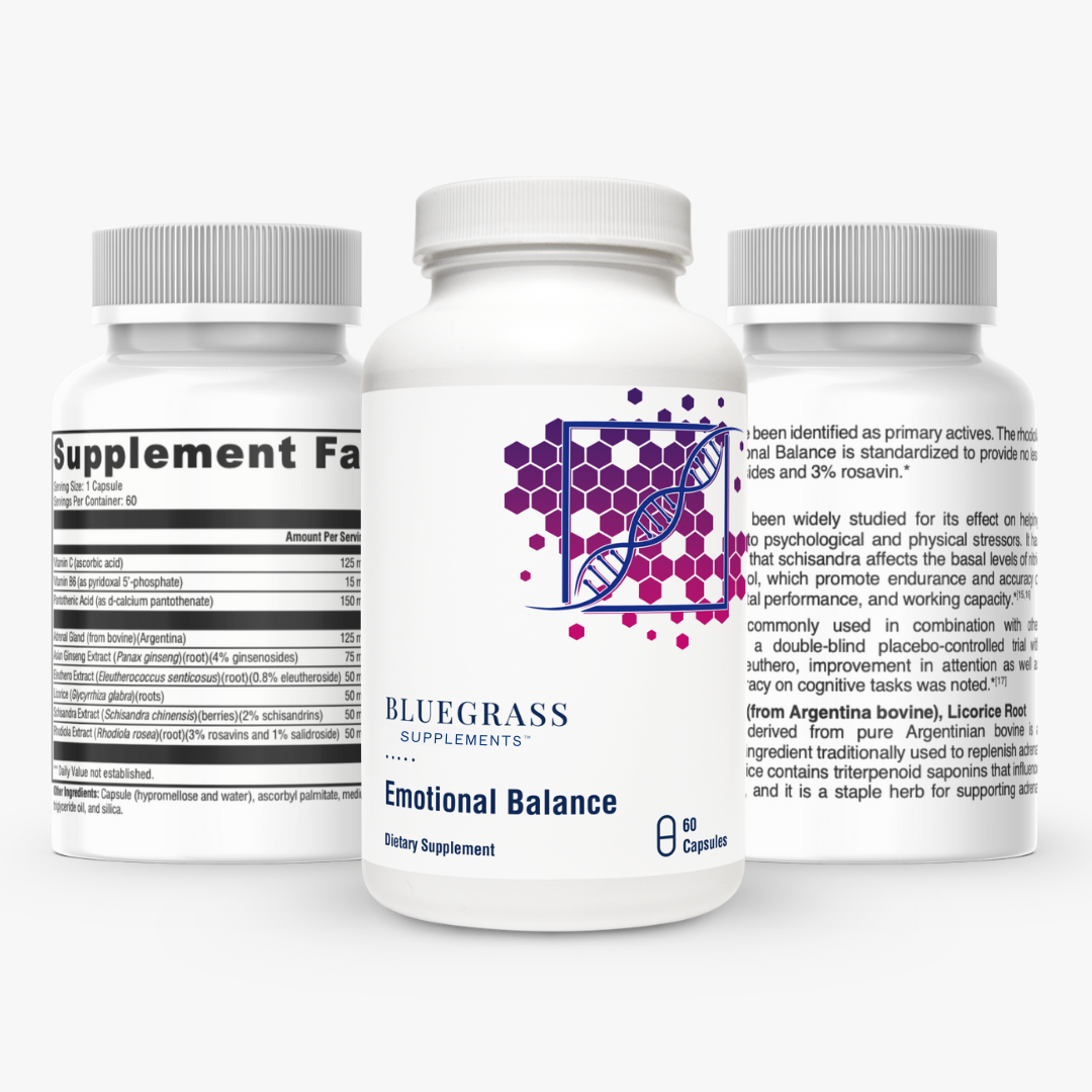 Three supplement bottles labeled 'Bluegrass Supplements Emotional Balance' on a white background.