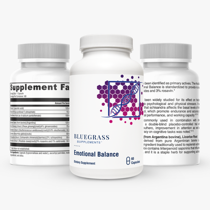 Three supplement bottles labeled 'Bluegrass Supplements Emotional Balance' on a white background.