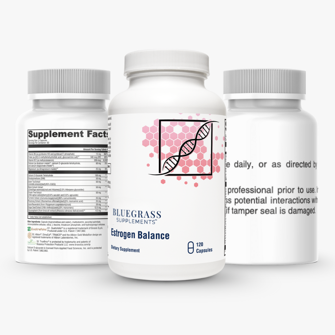 Three bottles of Bluegrass Supplements Estrogen Balance on a white background.