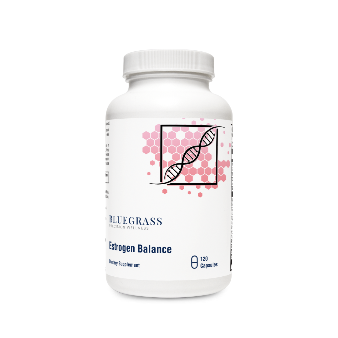 A bottle of Bluegrass Estrogen Balance dietary supplement with 120 capsules, featuring a white label with a DNA helix design.