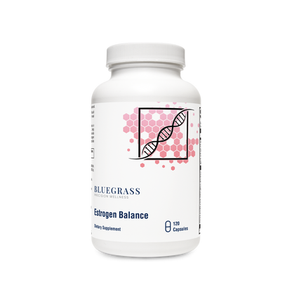 A bottle of Bluegrass Estrogen Balance dietary supplement with 120 capsules, featuring a white label with a DNA helix design.