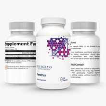 Three supplement bottles with labels on a white background.