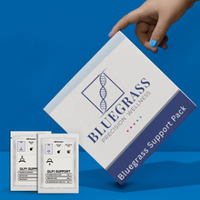 Bluegrass Precision Wellness support pack with packets on a blue background. 