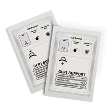 Two packets labeled 'GLP1 Support' with various supplement details on a white background.