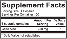 Supplement facts label for a capsule containing Cape Aloe with serving size and container details.