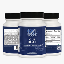 Three bottles of 'Gut Reset' superfood supplement on a white background.