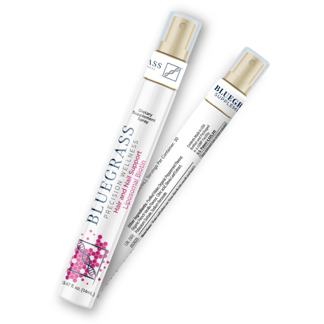 Two Bluegrass hair and nail support products on a white background