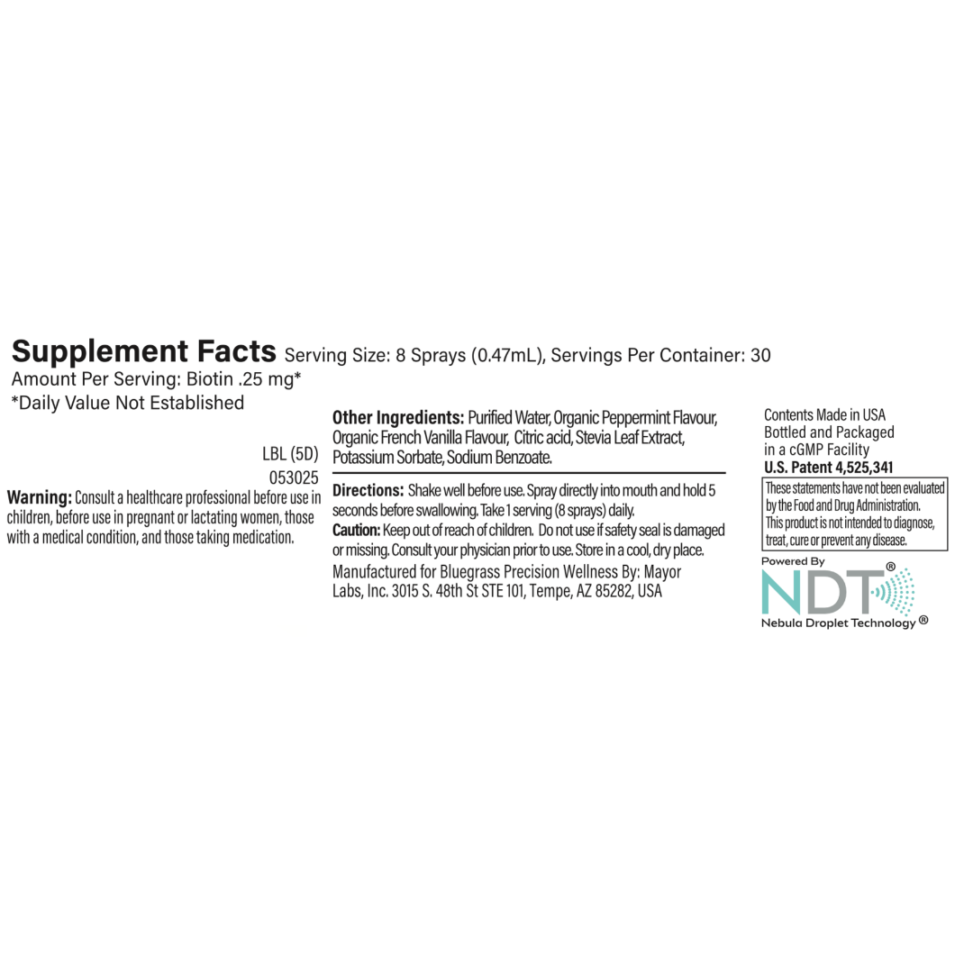 Supplement facts label with text and branding on a white background.