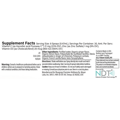 Supplement facts label with text and branding on a white background.