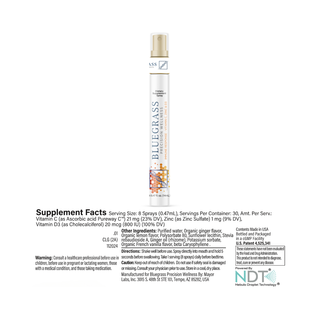 Bluegrass supplement bottle with label on a white background.