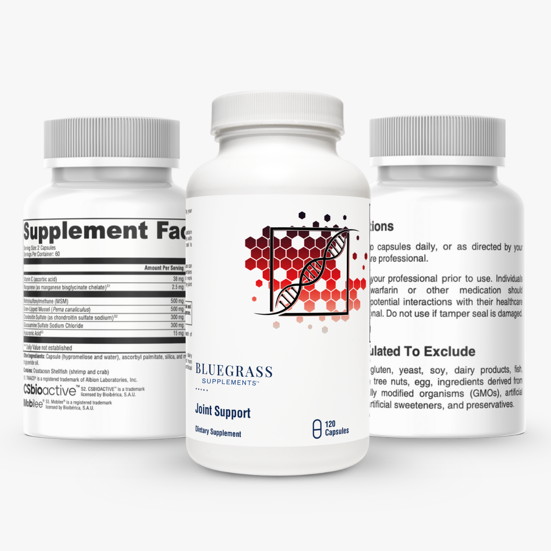 Three supplement bottles with labels on a white background. 
