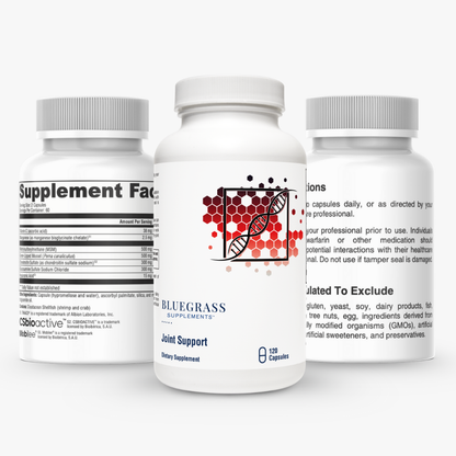 Three supplement bottles with labels on a white background. 