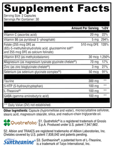 Supplement facts label with detailed nutritional information on a black background