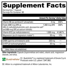 Supplement facts label with various nutrients and their amounts per serving.