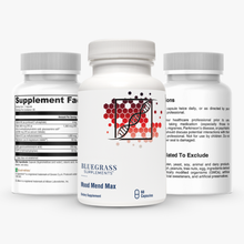 Three supplement bottles with labels on a white background