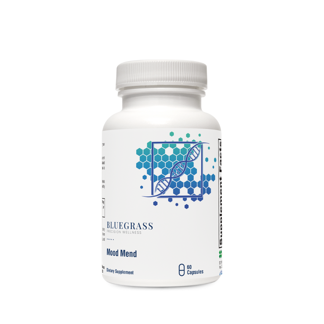 A bottle of Bluegrass Mood Mend capsules with 60 capsules inside. The label features a blue and white color scheme with a scientific design.