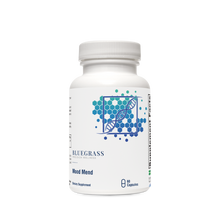 A bottle of Bluegrass Mood Mend capsules with 60 capsules inside. The label features a blue and white color scheme with a scientific design.