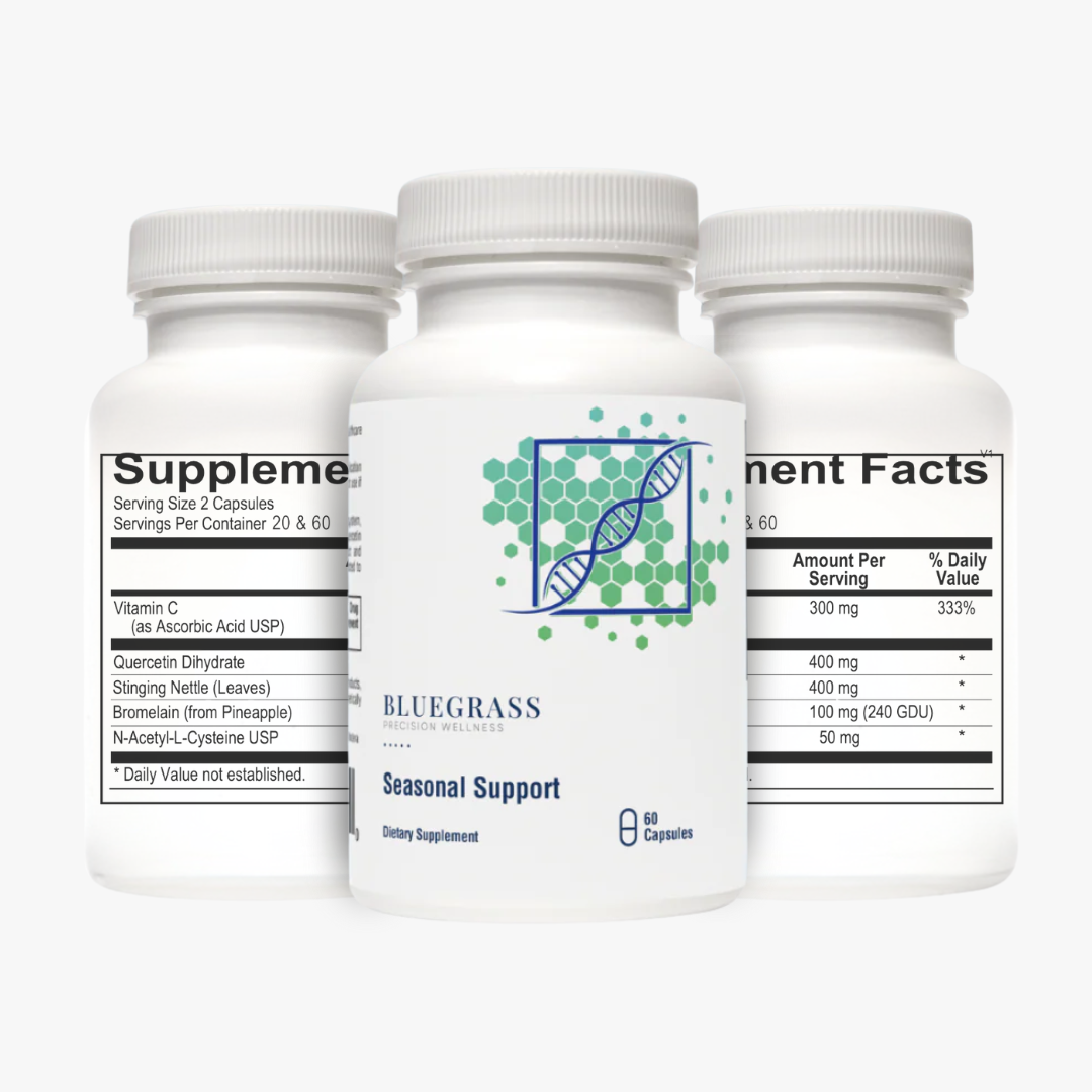 Three supplement bottles with labels on a white background.