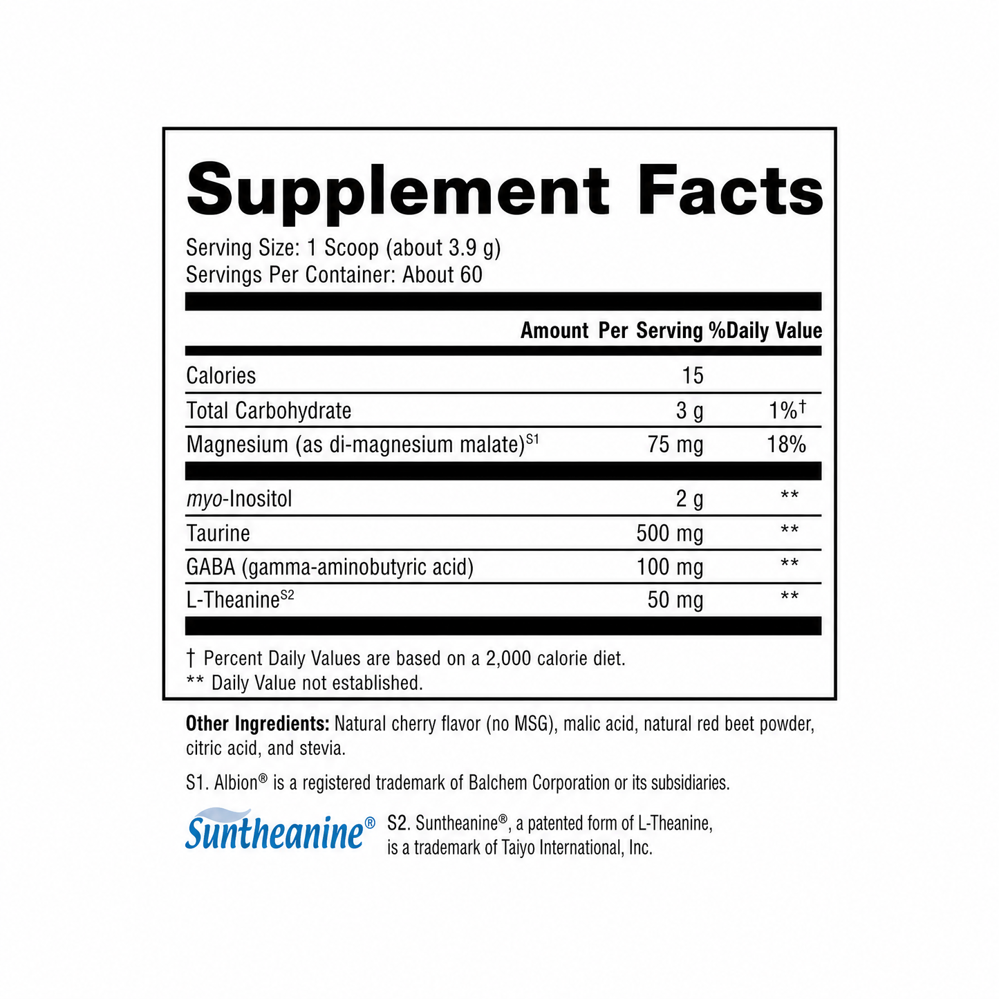 Supplement facts label with nutritional information on a white background