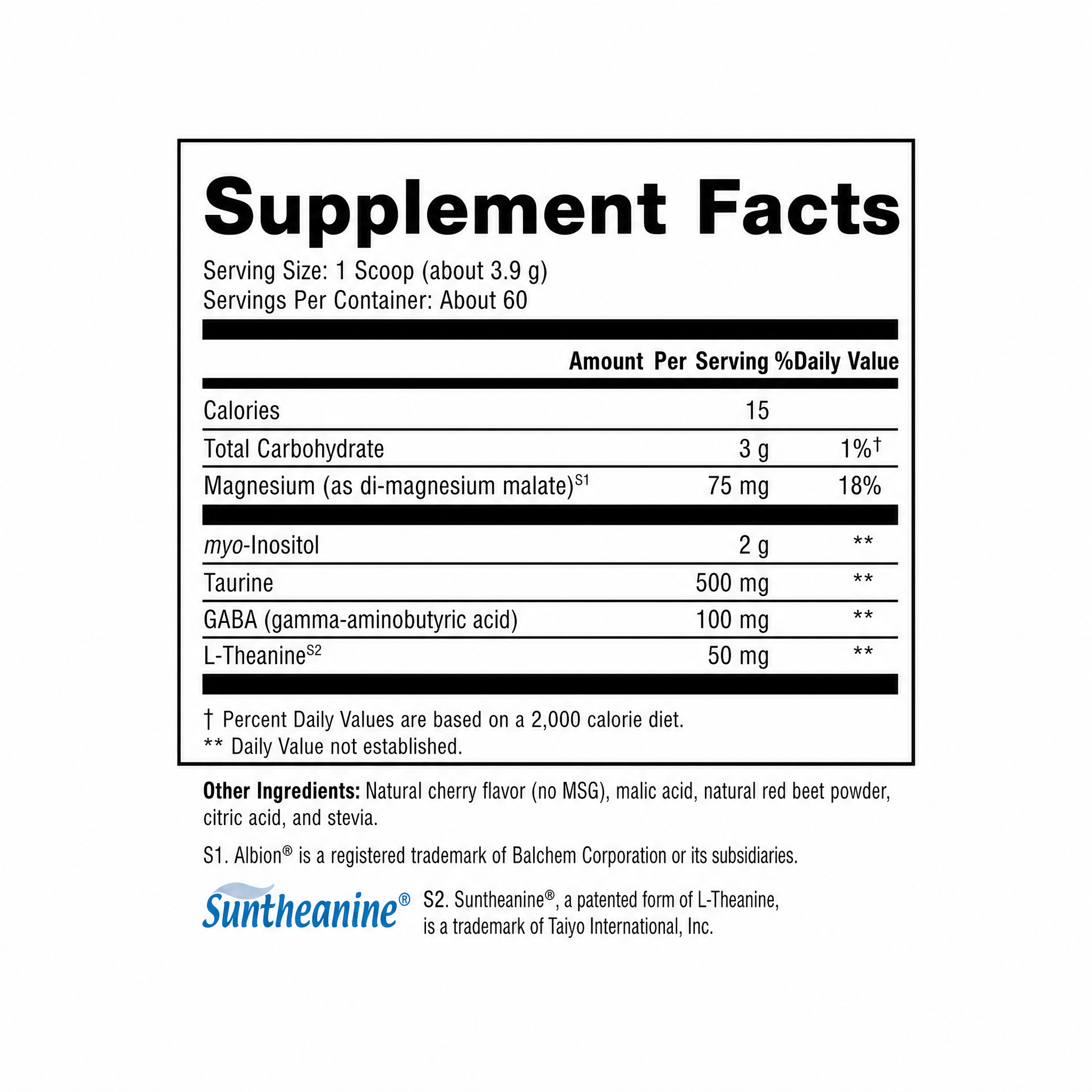 Supplement facts label with nutritional information on a white background